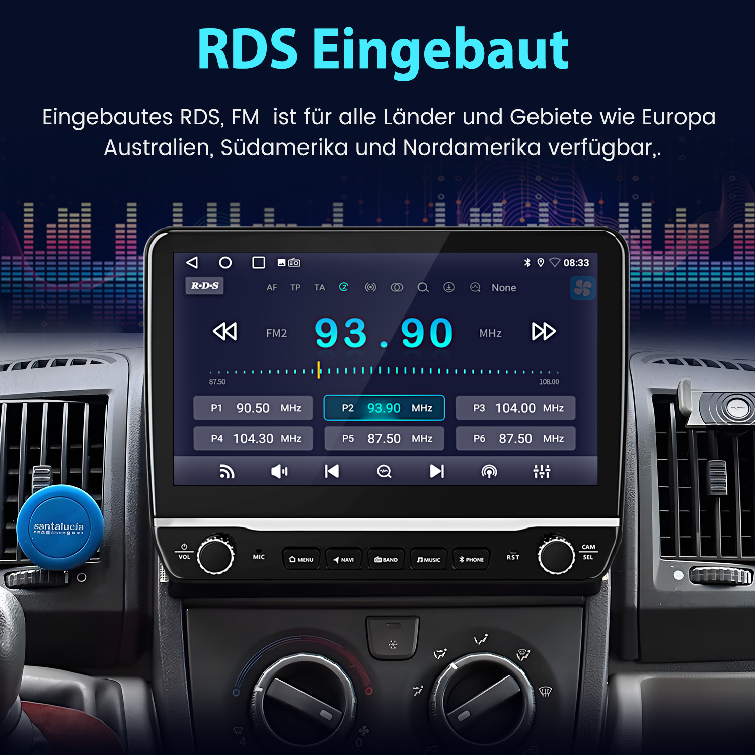 Autoradio-Bildschirm mit Radioinformationen. Der Bildschirm zeigt RDS und Radiofrequenzdetails.