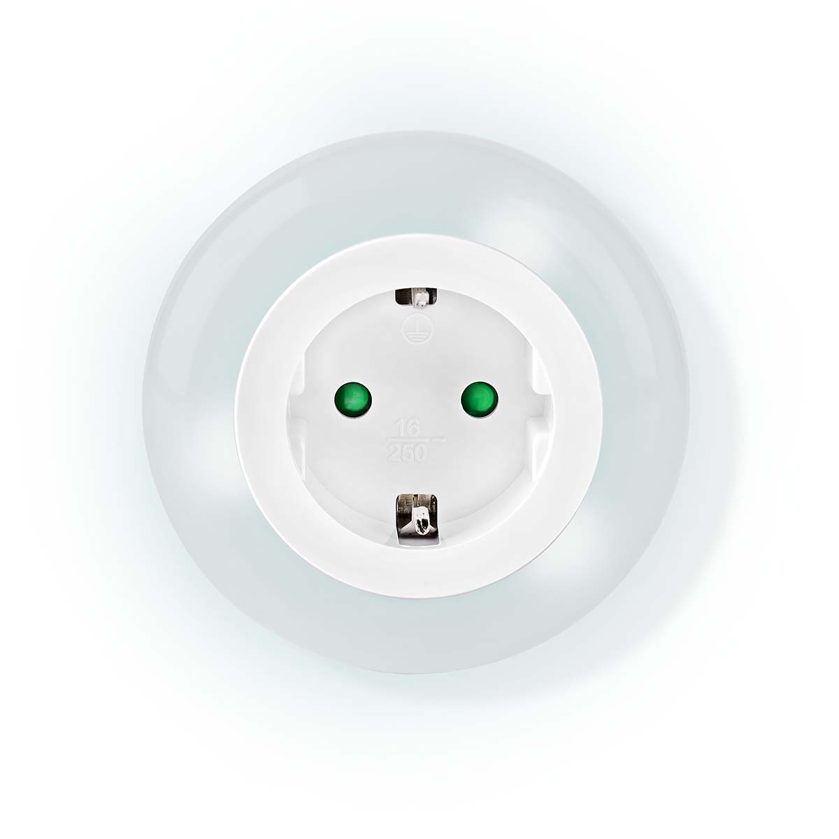 A white electrical outlet with two green holes is centered on a white background.
