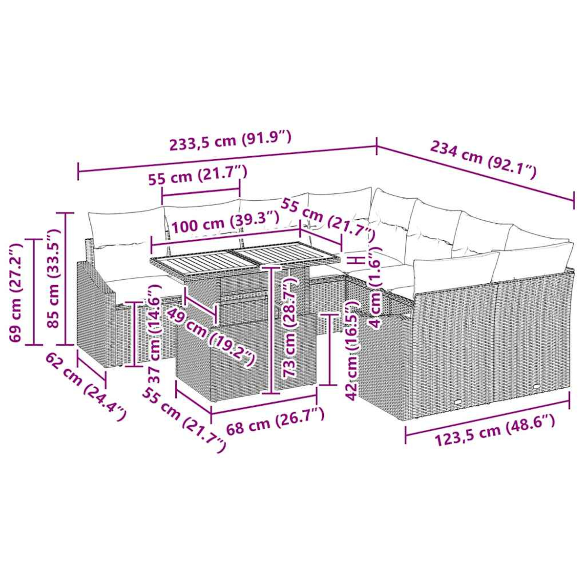 Outdoor-Rattan-Sofa-Set mit Tisch und Abmessungen in Zentimetern.