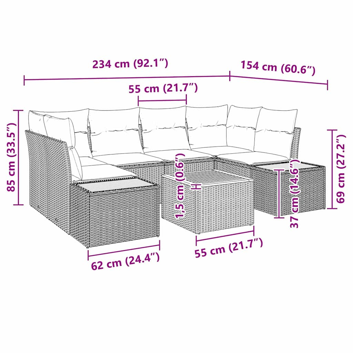 Outdoor-Wicker-Sofagarnitur, mit beschrifteten Abmessungen, einem Ecksofa und einem quadratischen Couchtisch, auf weißem Hintergrund.