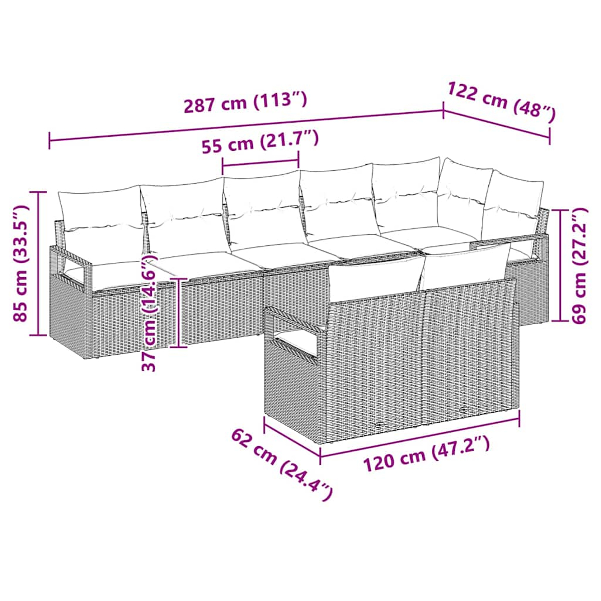 Ein L-förmiges Outdoor-Wicker-Sofa mit beschrifteten Abmessungen. Es hat ein Eckteil und einen langen Sitzbereich.