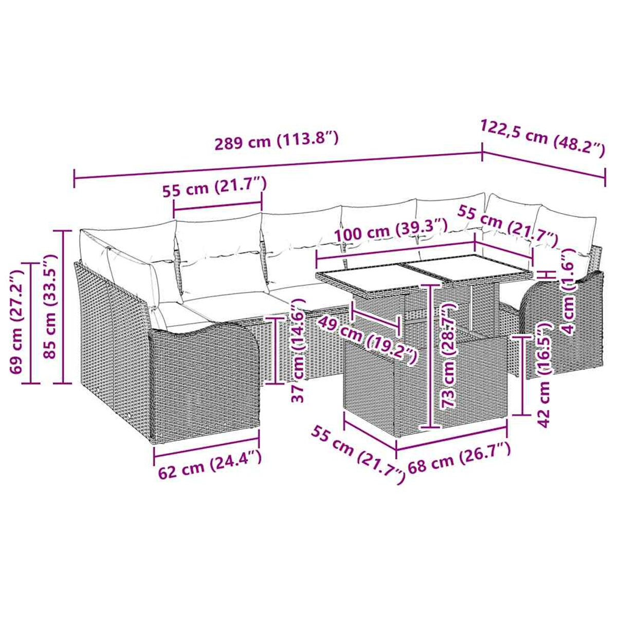 Ein Outdoor-Wicker-Sofaset. Es hat ein Ecksofa und zwei Tische. Die Abmessungen sind in cm und Zoll angegeben.