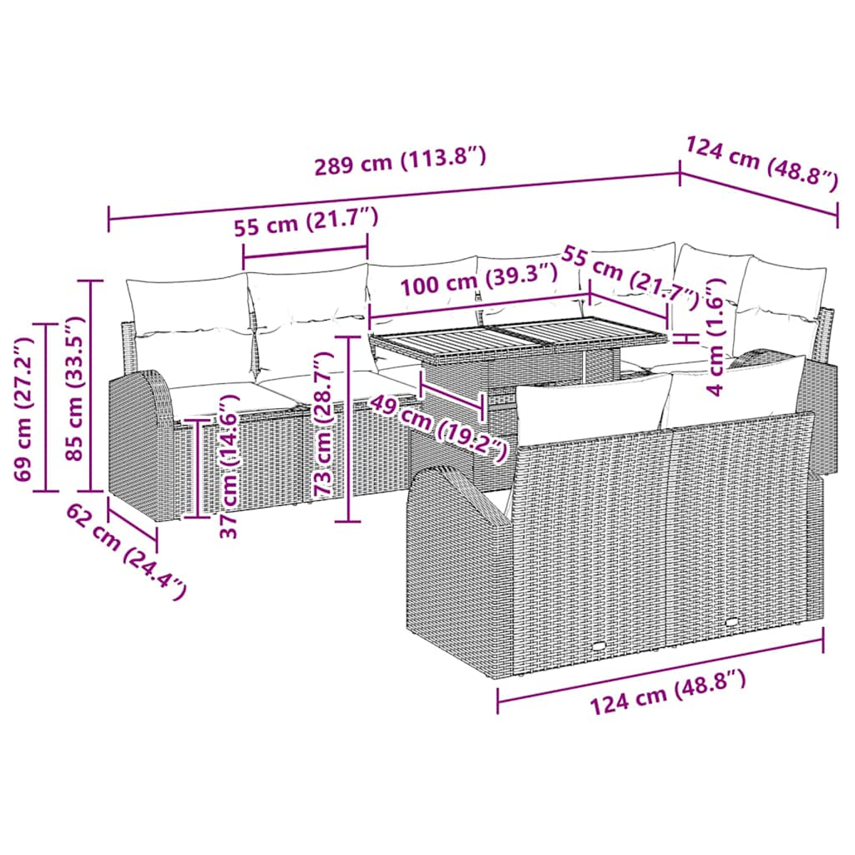 Rattan-Sofa-Set mit Abmessungen in cm und einem rechteckigen Tisch.