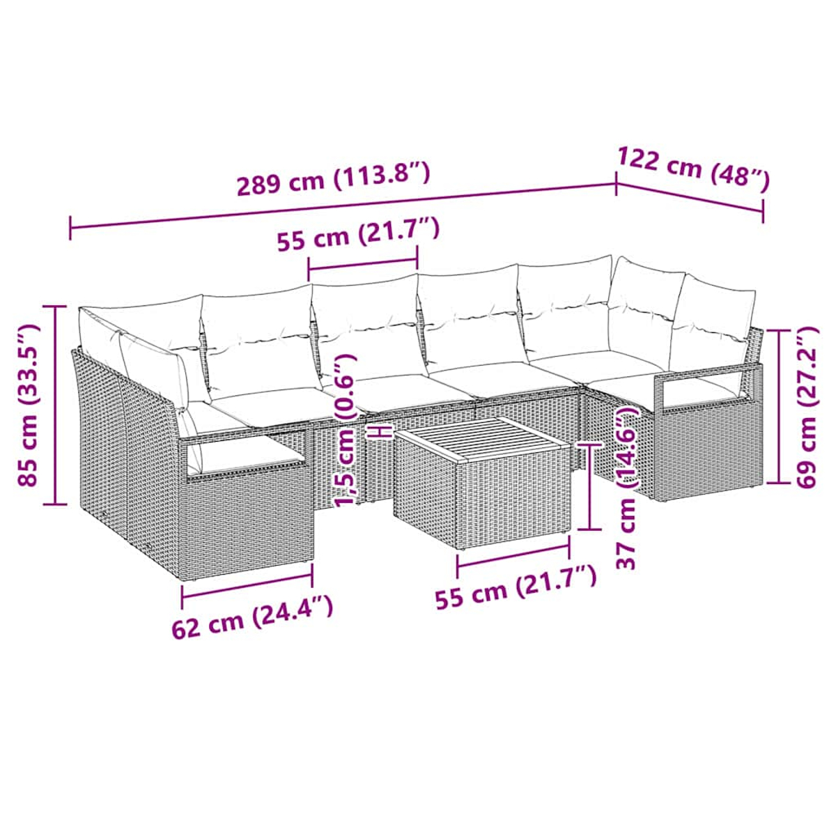 Rattan-Sofa-Set mit Abmessungen in Zentimetern, mit quadratischem Tisch.