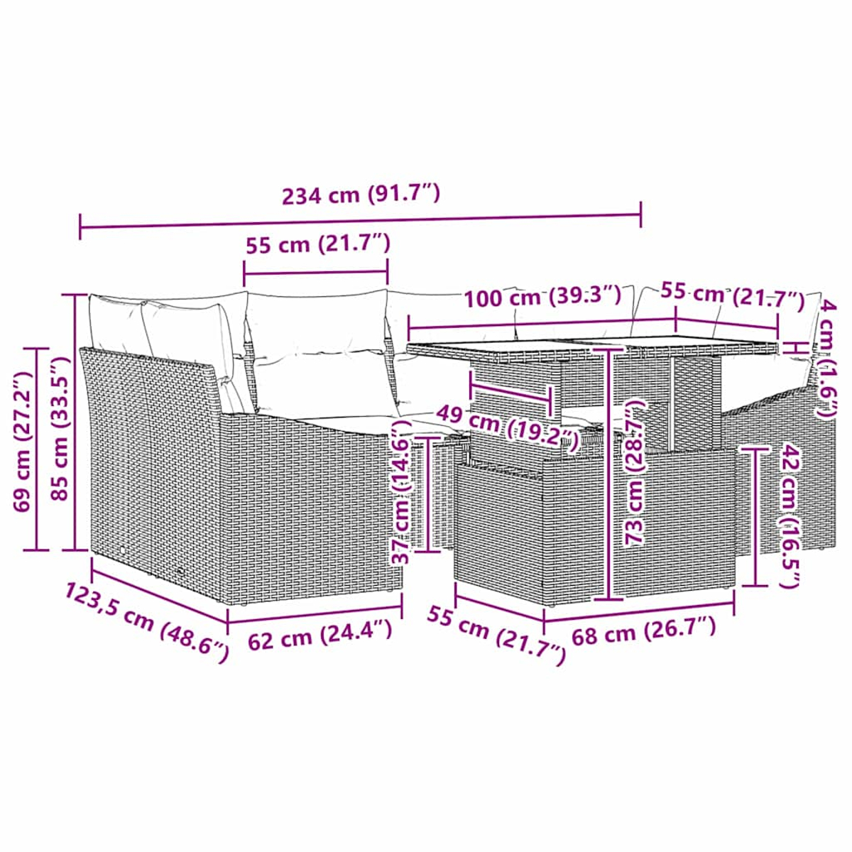 Ein Outdoor-Wicker-Sofaset. Es hat ein Ecksofa und einen Tisch. Die Abmessungen sind in cm und Zoll angegeben.