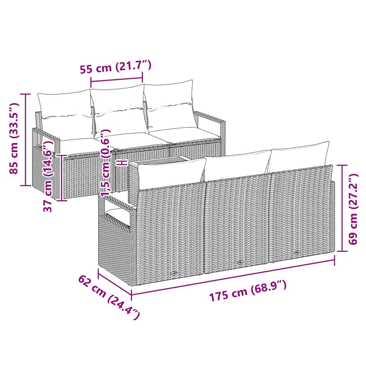 Ein Wicker-Sofaset umfasst ein langes Sofa, ein Loveseat und einen quadratischen Tisch. Die Maße sind in cm und Zoll angegeben.