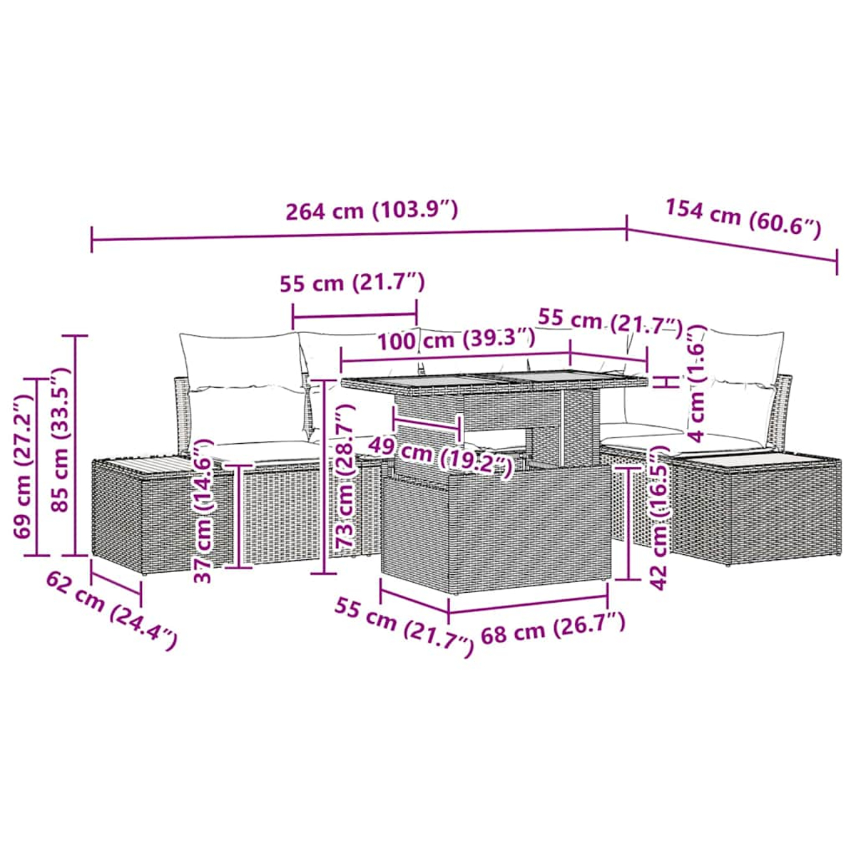 Rattan-Sofa-Set mit Tisch und Abmessungen in Zentimetern.