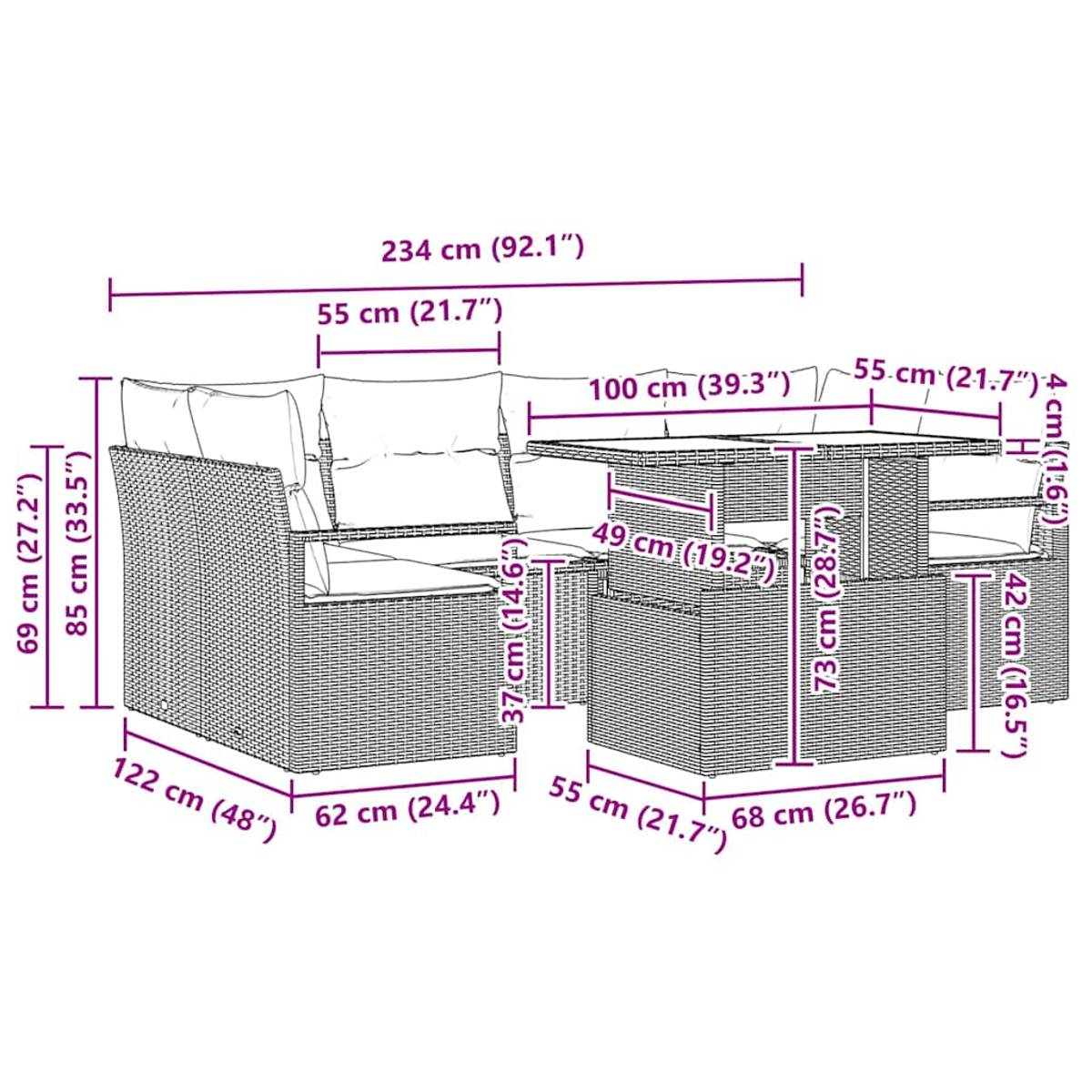 Geflochtenes Outdoor-Set mit Sofa, Tisch und Einzelsitz, alle mit Kissen. Abmessungen sind beschriftet.