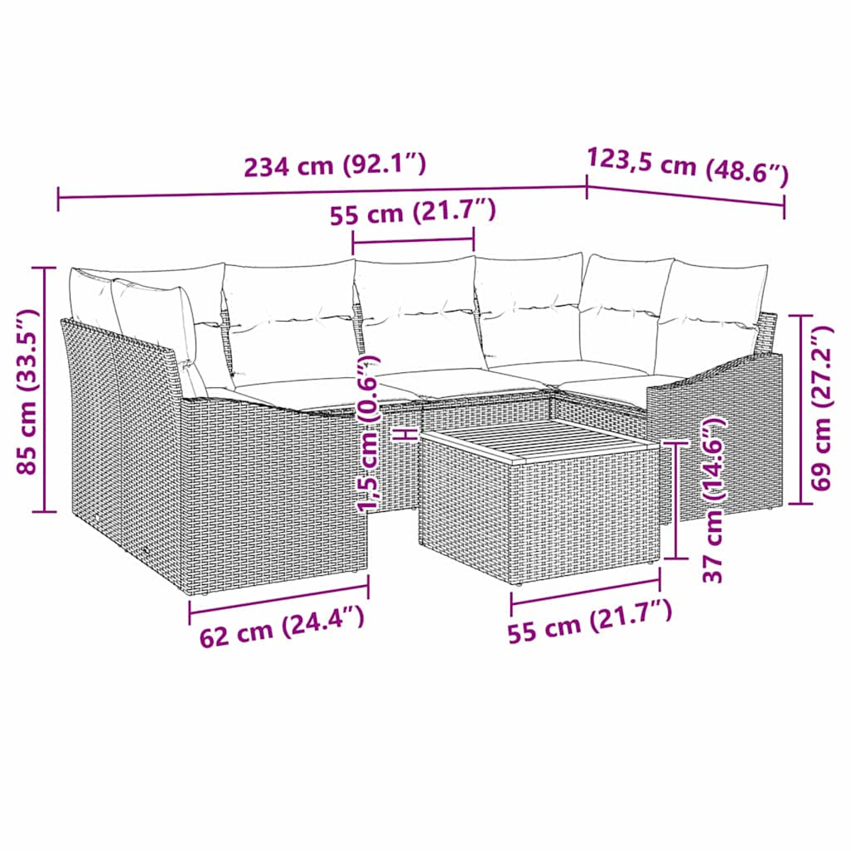 Geflochtenes Outdoor-Möbelset mit L-förmigem Sofa, Tisch und Einzelsitz, alle mit Kissen. Beschriftet.