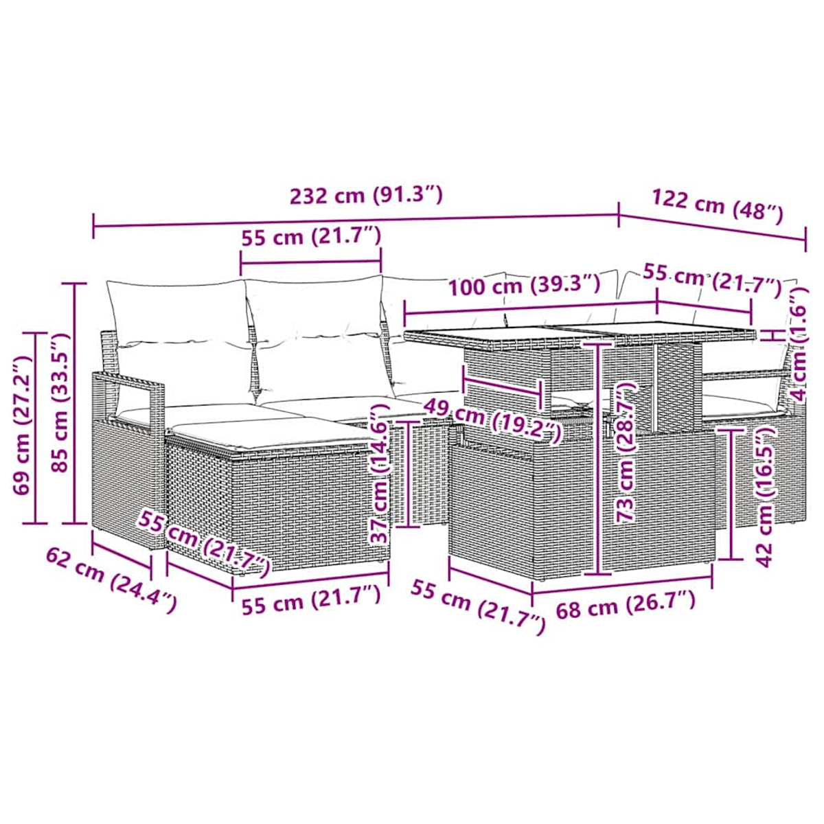 Ein Wicker-Sofaset mit einem Ecksofa, einem Tisch und einem langen Sofa. Die Maße sind in cm und Zoll angegeben.
