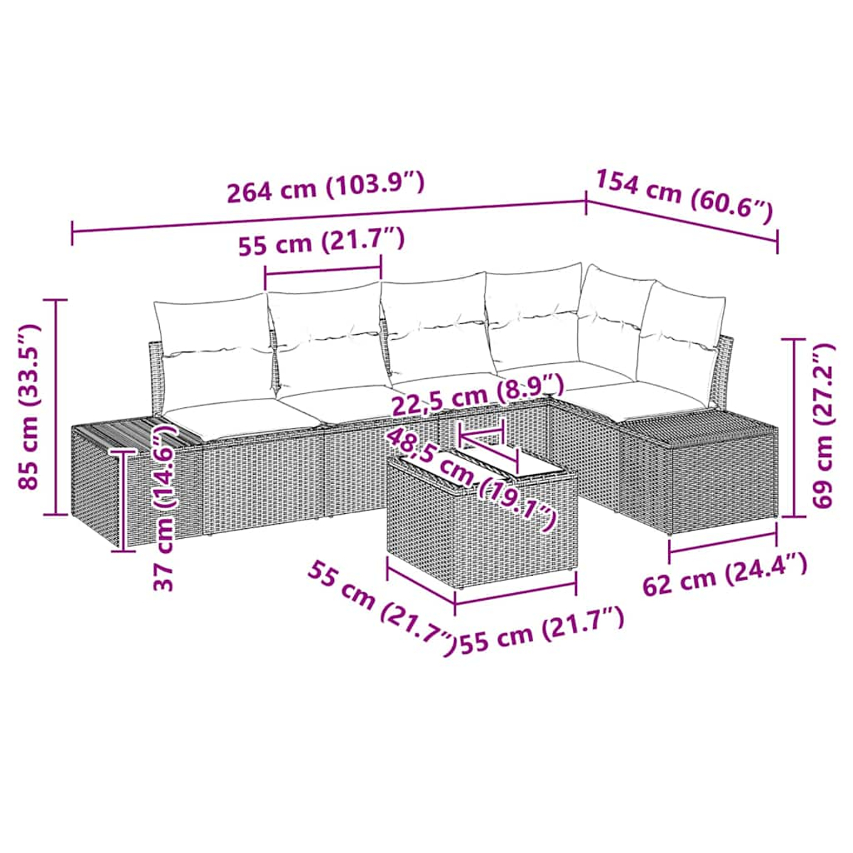 Wicker-Sofagarnitur mit L-förmigem Sofa, quadratischem Tisch und langem Sofa. Maße sind in cm und Zoll angegeben.