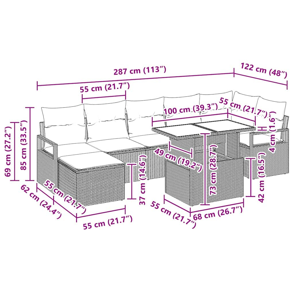 Diagramm zeigt ein Gartenmöbelset mit Maßen in cm und Zoll.
