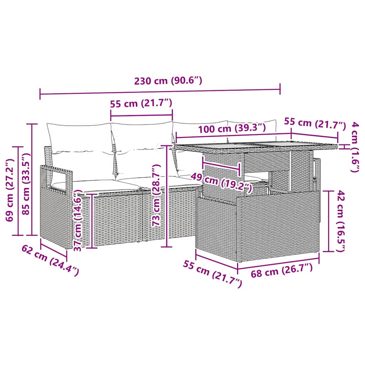 Diagramm zeigt ein Gartenmöbelset mit Maßen in cm und Zoll.