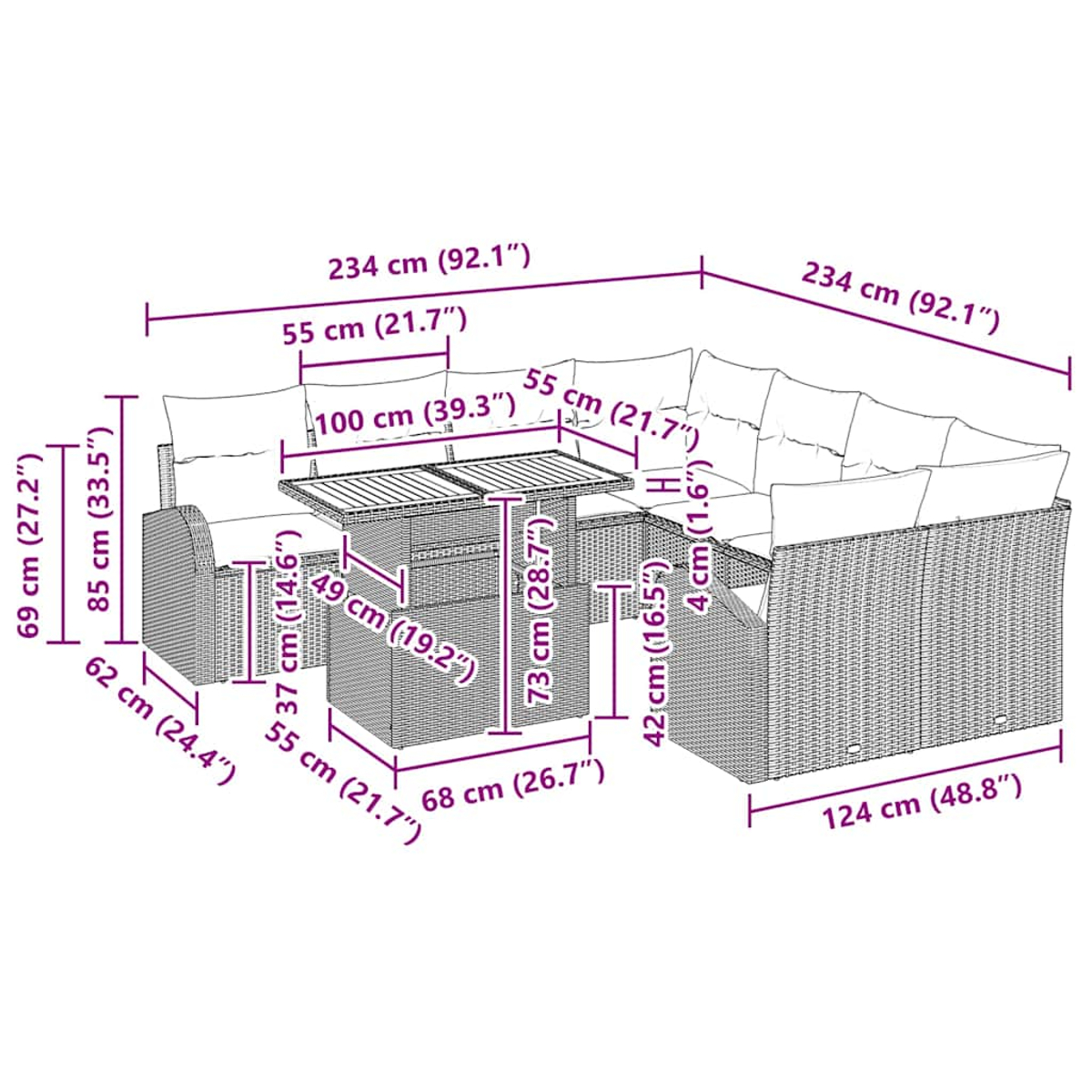 Diagramm zeigt ein Gartenmöbelset mit Maßen in cm und Zoll.