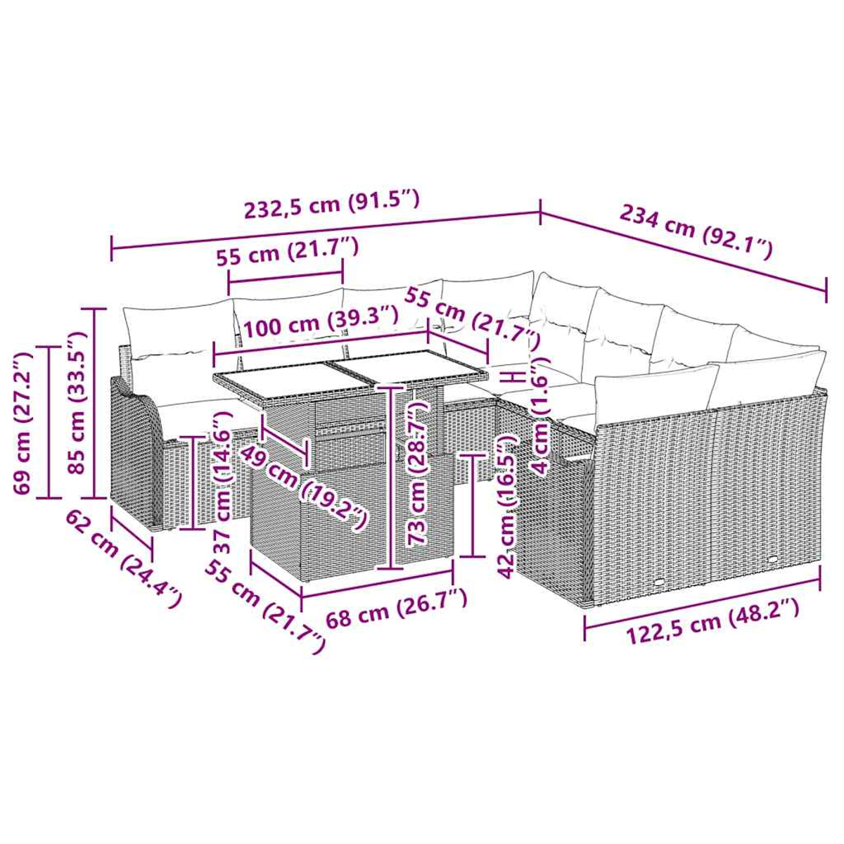 Diagramm zeigt ein Gartenmöbelset mit Maßen in cm und Zoll.