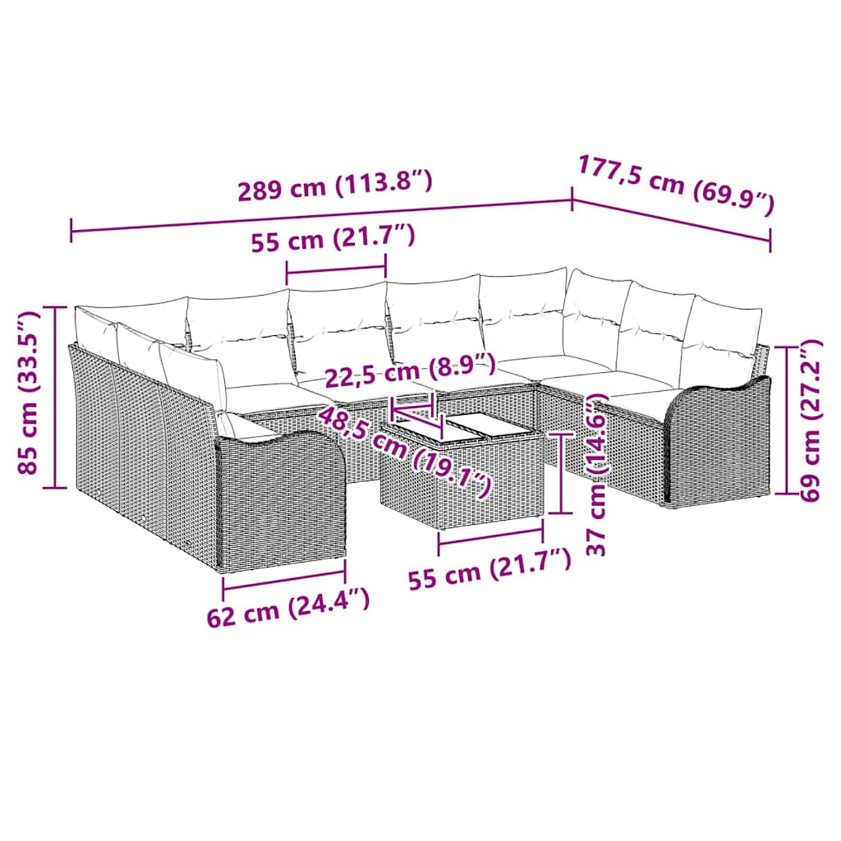 Diagramm zeigt ein Gartenmöbelset mit Maßen in cm und Zoll.