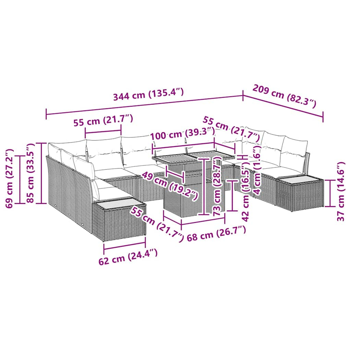 Diagramm zeigt ein Gartenmöbelset mit Maßen in cm und Zoll.