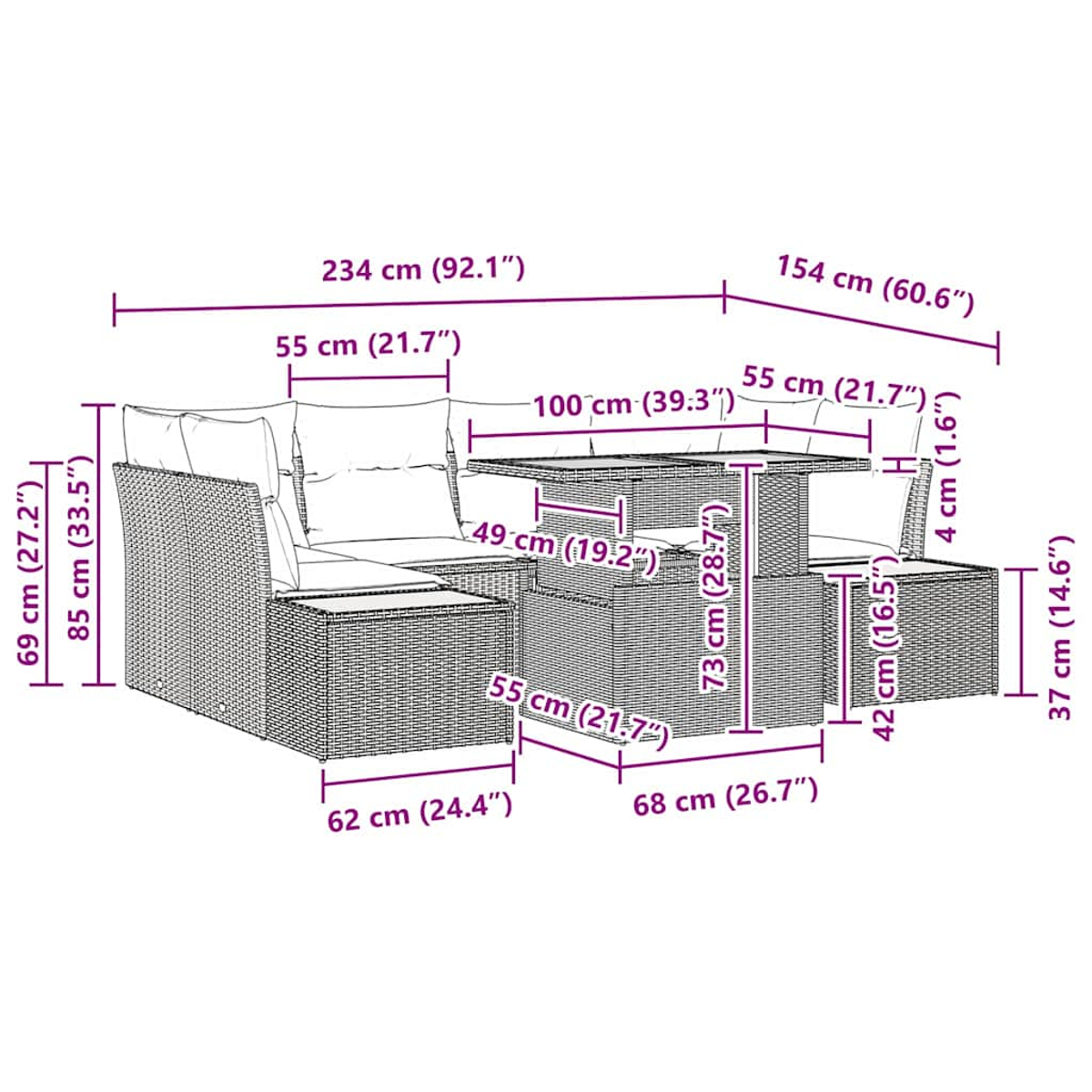 Diagramm zeigt ein Gartenmöbelset mit Maßen in cm und Zoll.