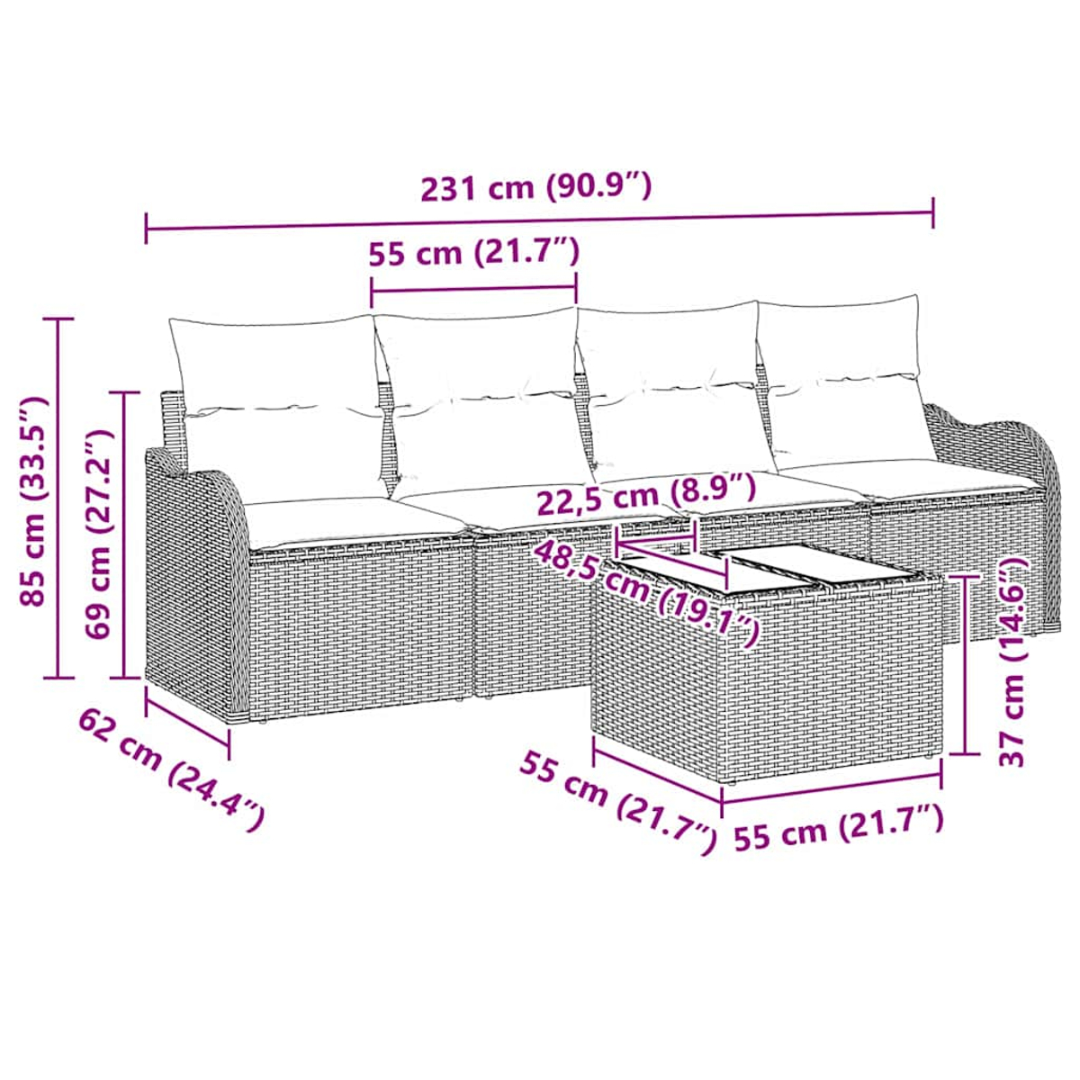 Diagramm zeigt ein Gartenmöbelset mit Maßen in cm und Zoll.