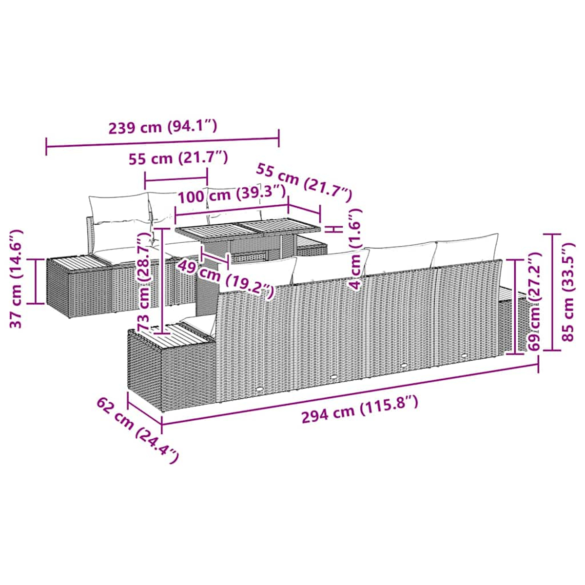 Diagramm zeigt ein Gartenmöbelset mit Maßen in cm und Zoll.