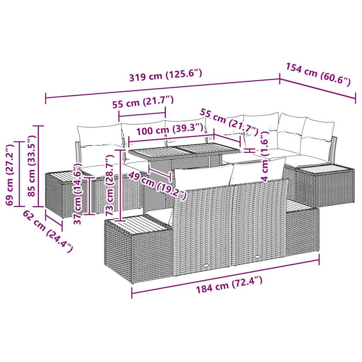 Geflochtenes Gartenmöbel-Set mit Maßangaben. Enthält einen Tisch und Sitzgelegenheiten.