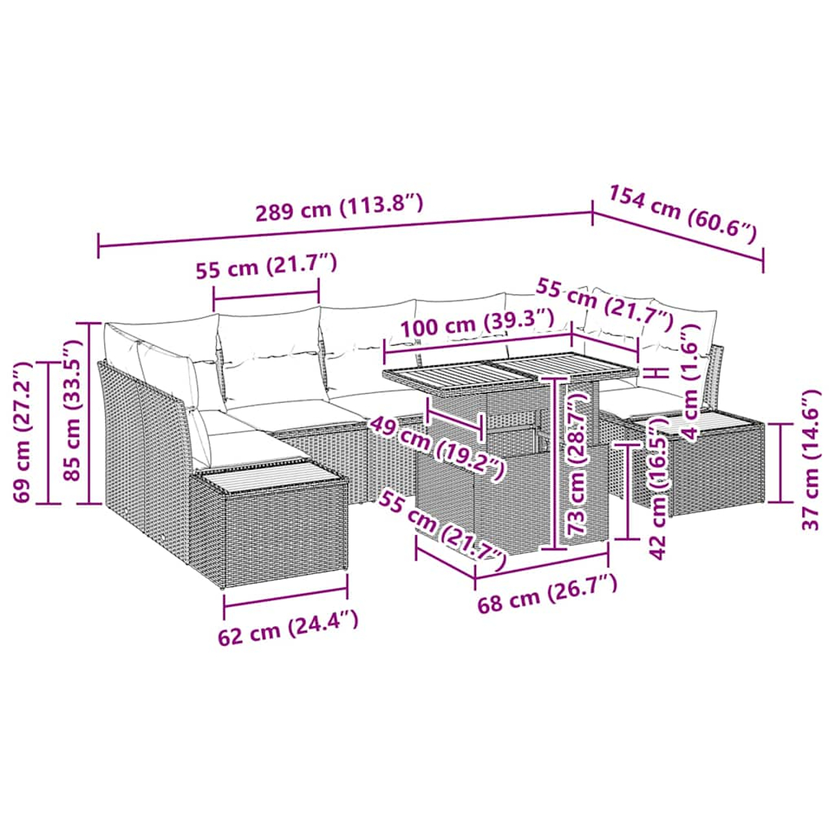 Geflochtenes Gartenmöbel-Set mit Tisch und Maßen. Enthält Sitzbereiche.