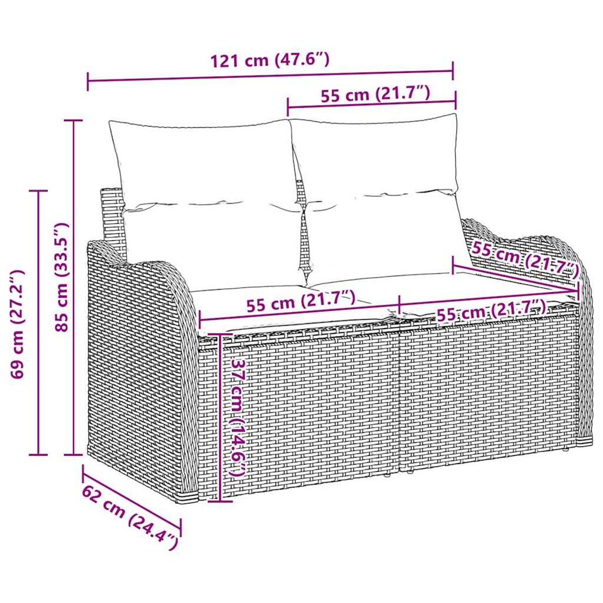 Geflochtenes Sofa mit Maßangaben. Es hat Kissen und ein schlichtes, robustes Design.