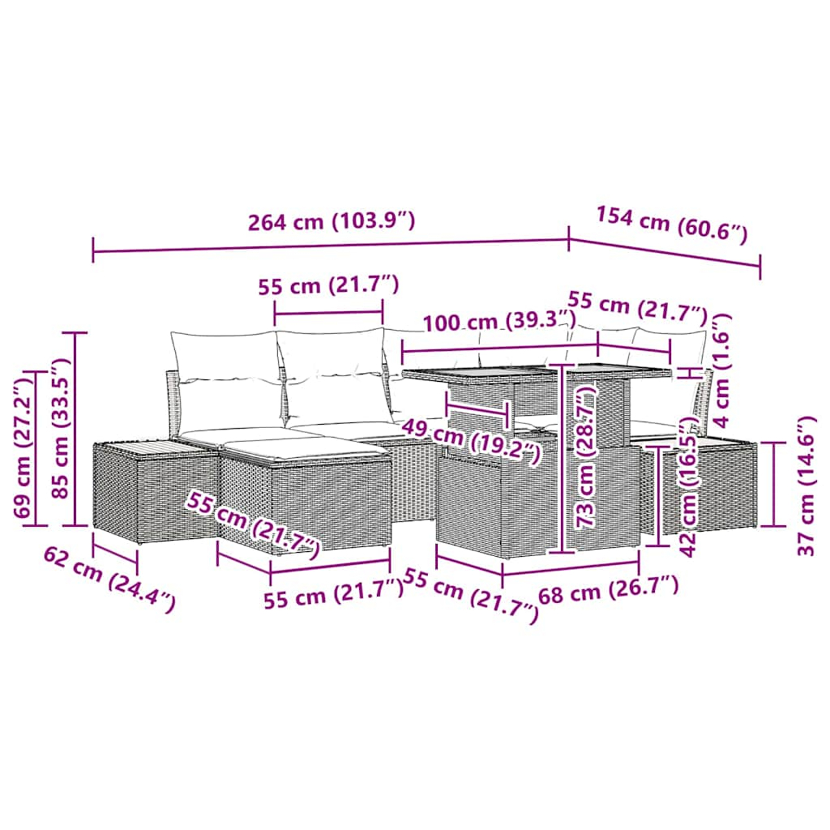 Geflochtenes Gartenmöbel-Set mit Tisch und Maßen. Enthält Sitzkomponenten.