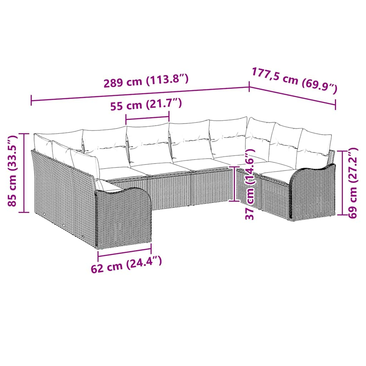 L-förmiges Gartenmöbel-Set aus Korbgeflecht. Es hat Maße und ein schlichtes Design.