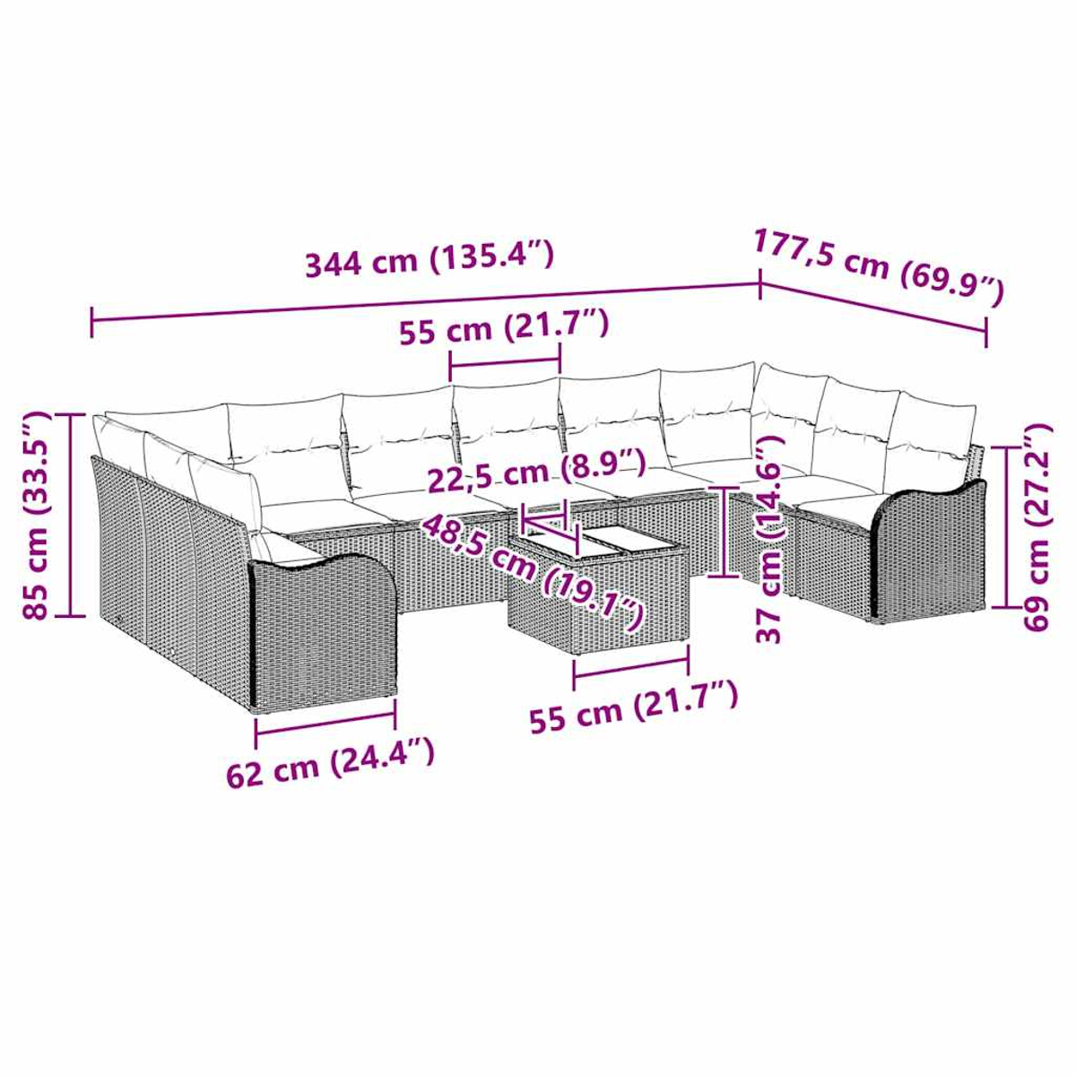 L-förmiges Gartenmöbel-Set aus Korbgeflecht mit Maßen. Enthält einen Tisch.