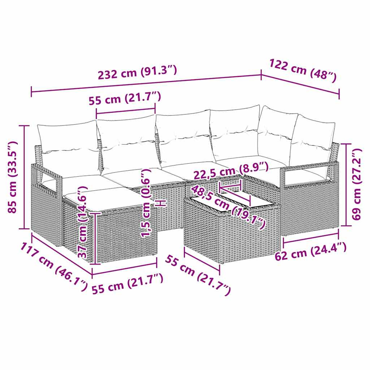 Korbmöbel-Set mit Tisch. Es hat Kissen und beschriftete Maße.