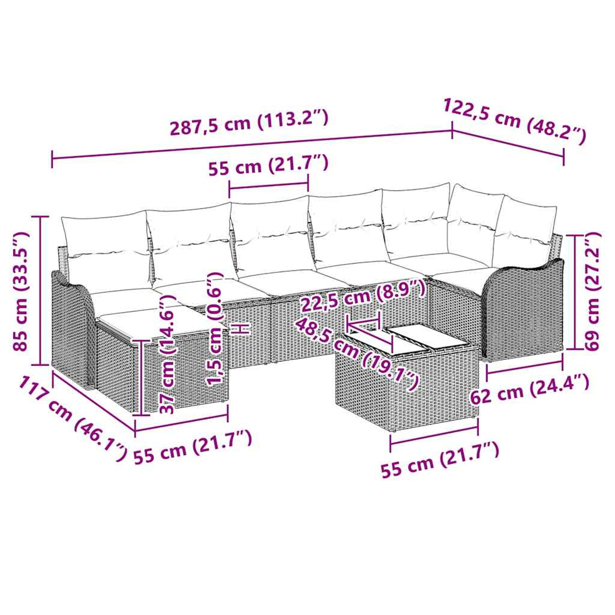 Korbmöbel-Set mit Tisch. Es hat Kissen und beschriftete Maße.