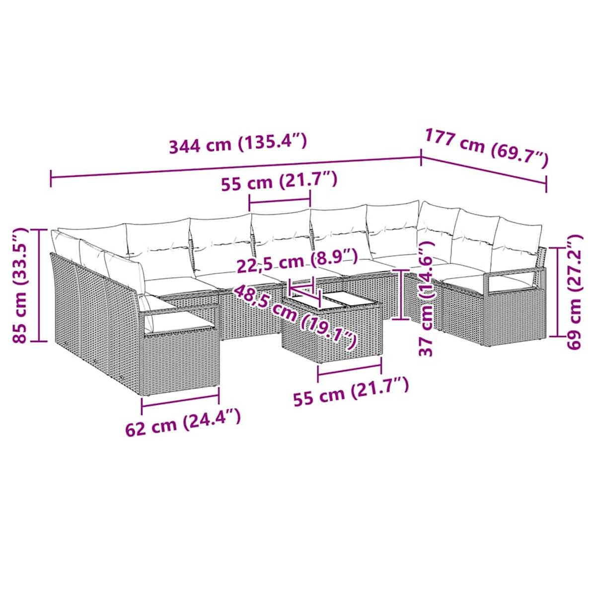Ein Rattan-Sofaset mit Maßen, einschließlich Ecksofa und kleinem quadratischem Tisch.