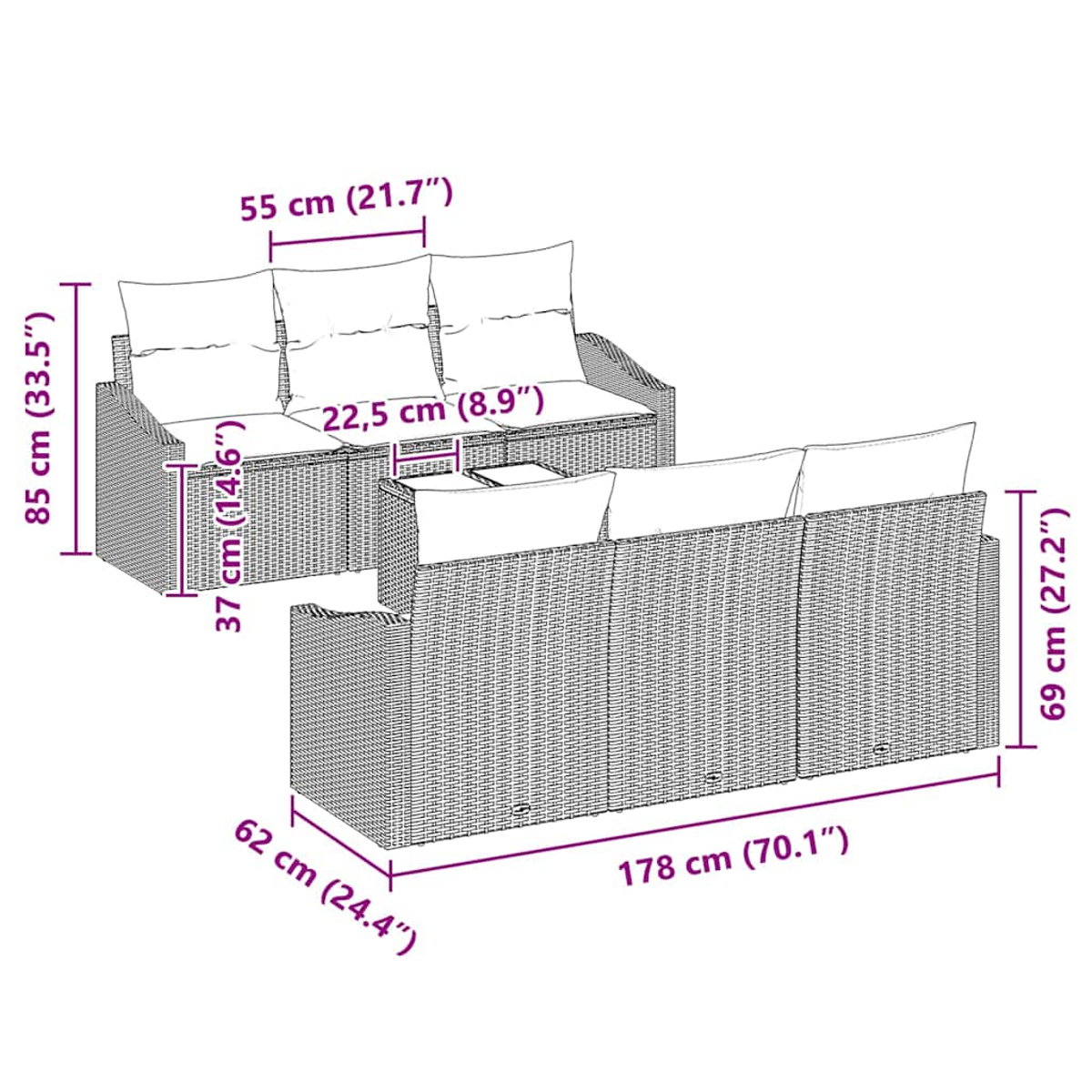 Ein Rattan-Sofaset mit überlagerten Abmessungen. Das Set hat ein Sofa und einen einzelnen Stuhl.