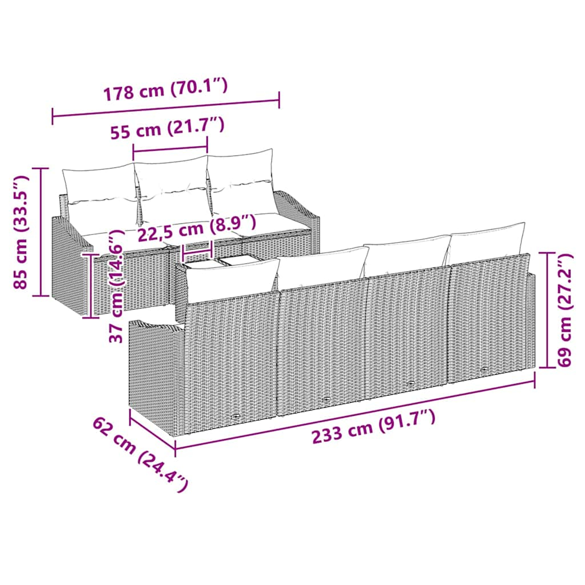 Ein Rattan-Sofaset mit Maßen. Enthält ein Sofa und einen separaten Stuhl.