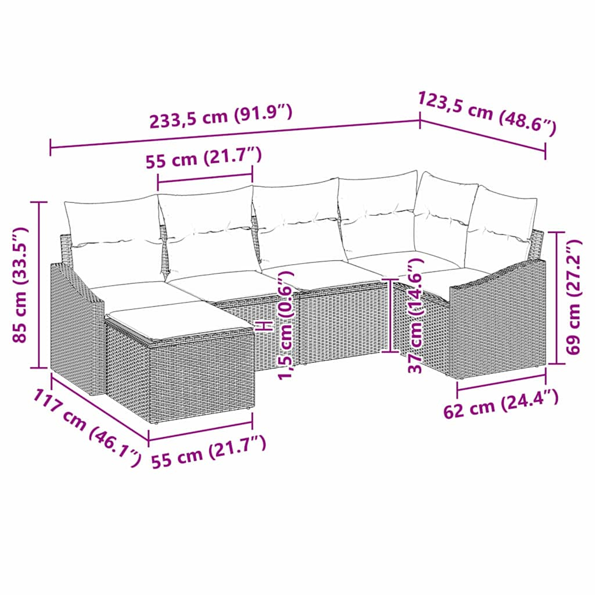 Ein Rattan-Sofaset mit Maßen. Enthält ein Sofa mit angebauter Chaiselongue.