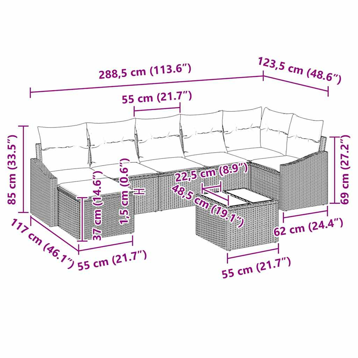 Ein Rattan-Sofaset mit Maßen. Enthält ein Sofa mit Ottoman.