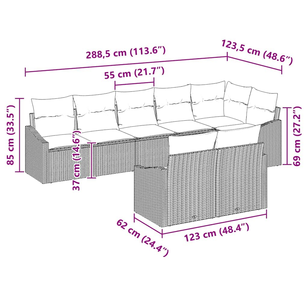 Ein Rattan-Sofaset mit Maßen. Enthält ein Ecksofa.