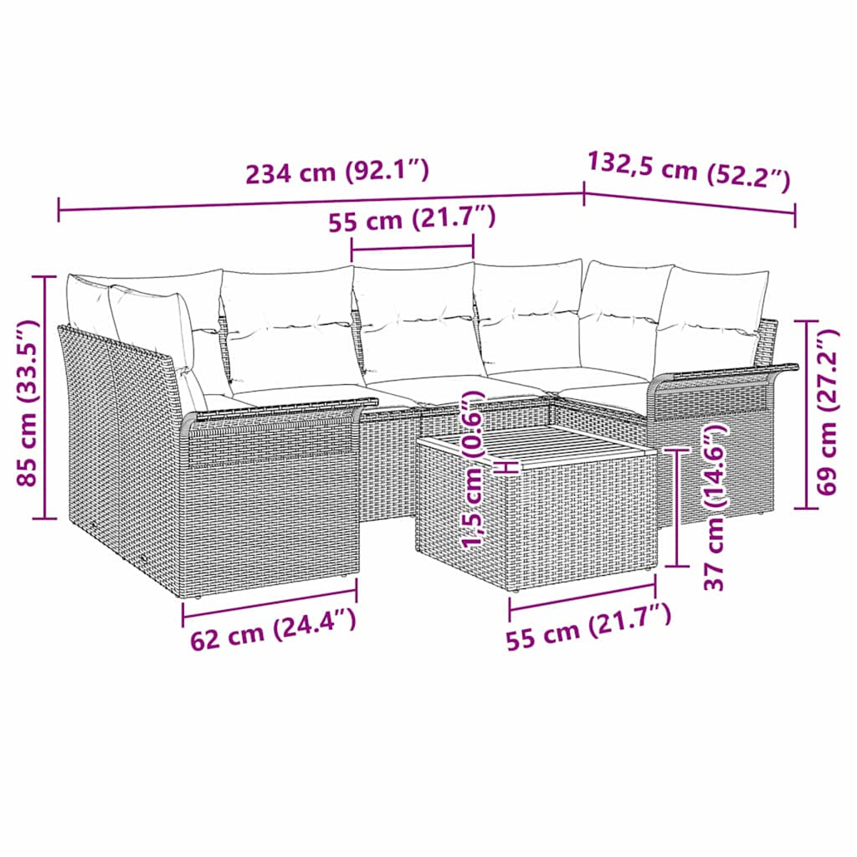 Ein Korbmöbel-Sofa mit weißen Kissen und einem Tisch. Abmessungen sind beschriftet. Der Hintergrund ist weiß.
