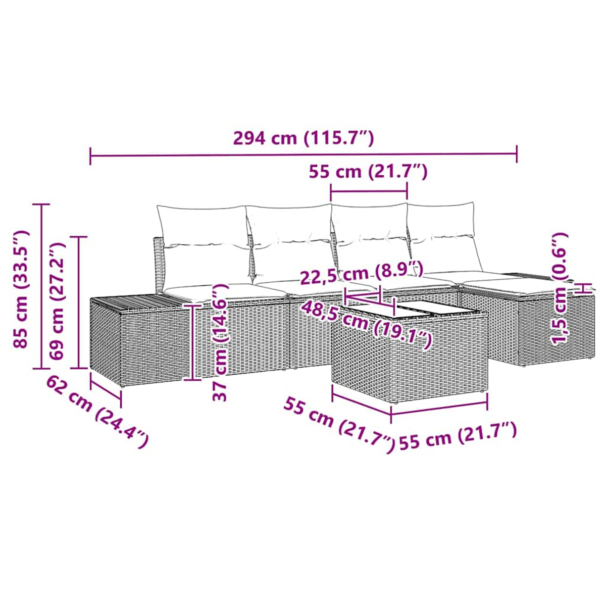 Ein Korbmöbel-Sofa mit weißen Kissen und einem Tisch. Abmessungen sind beschriftet. Der Hintergrund ist weiß.