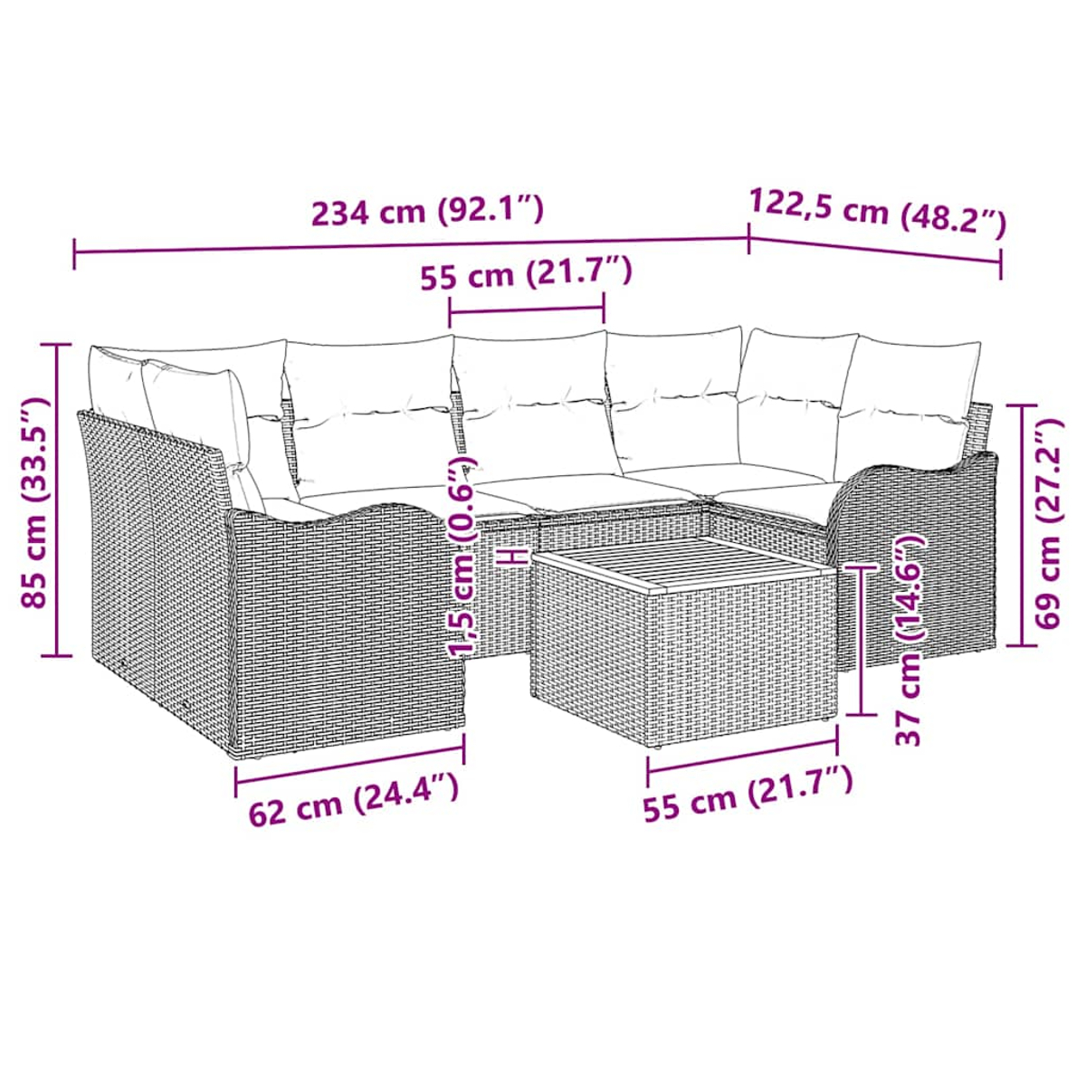 Ein Korbmöbel-Sofa mit weißen Kissen und einem Tisch. Abmessungen sind beschriftet. Der Hintergrund ist weiß.