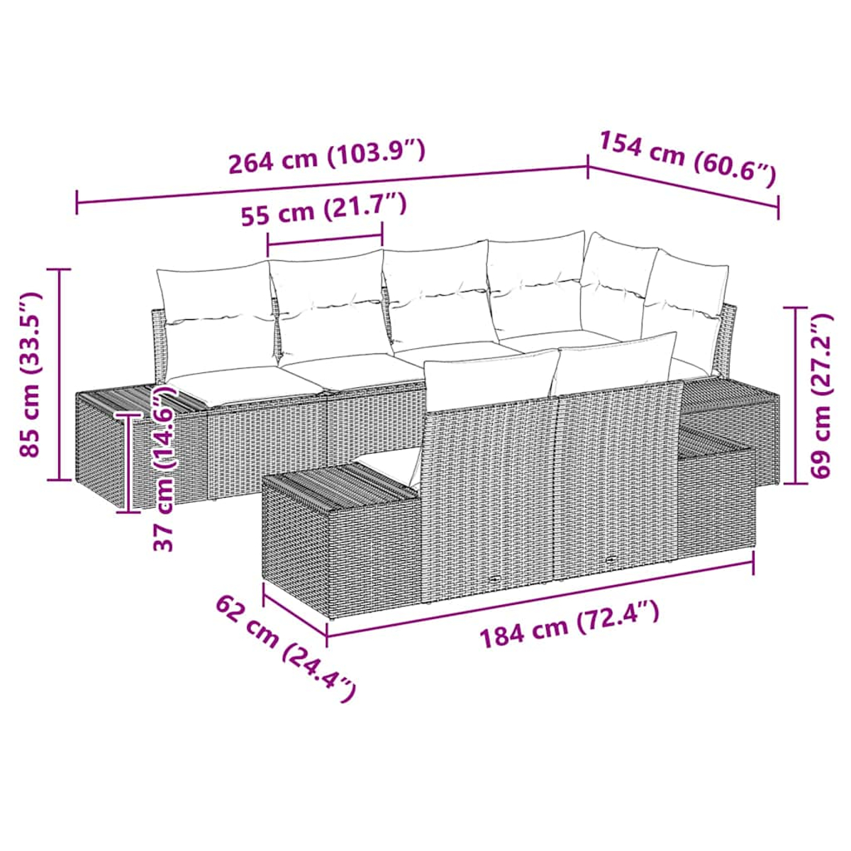Ein Korbmöbel-Sofa mit weißen Kissen. Abmessungen sind beschriftet. Der Hintergrund ist weiß.