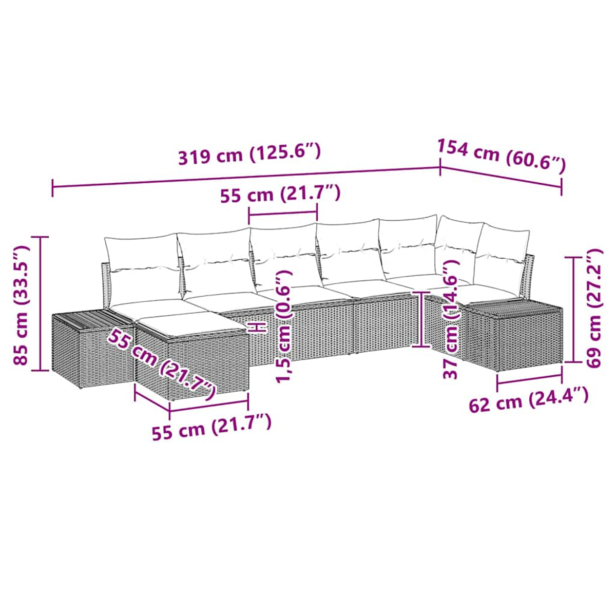 Ein Korbmöbel-Sofa mit weißen Kissen. Abmessungen sind beschriftet. Der Hintergrund ist weiß.