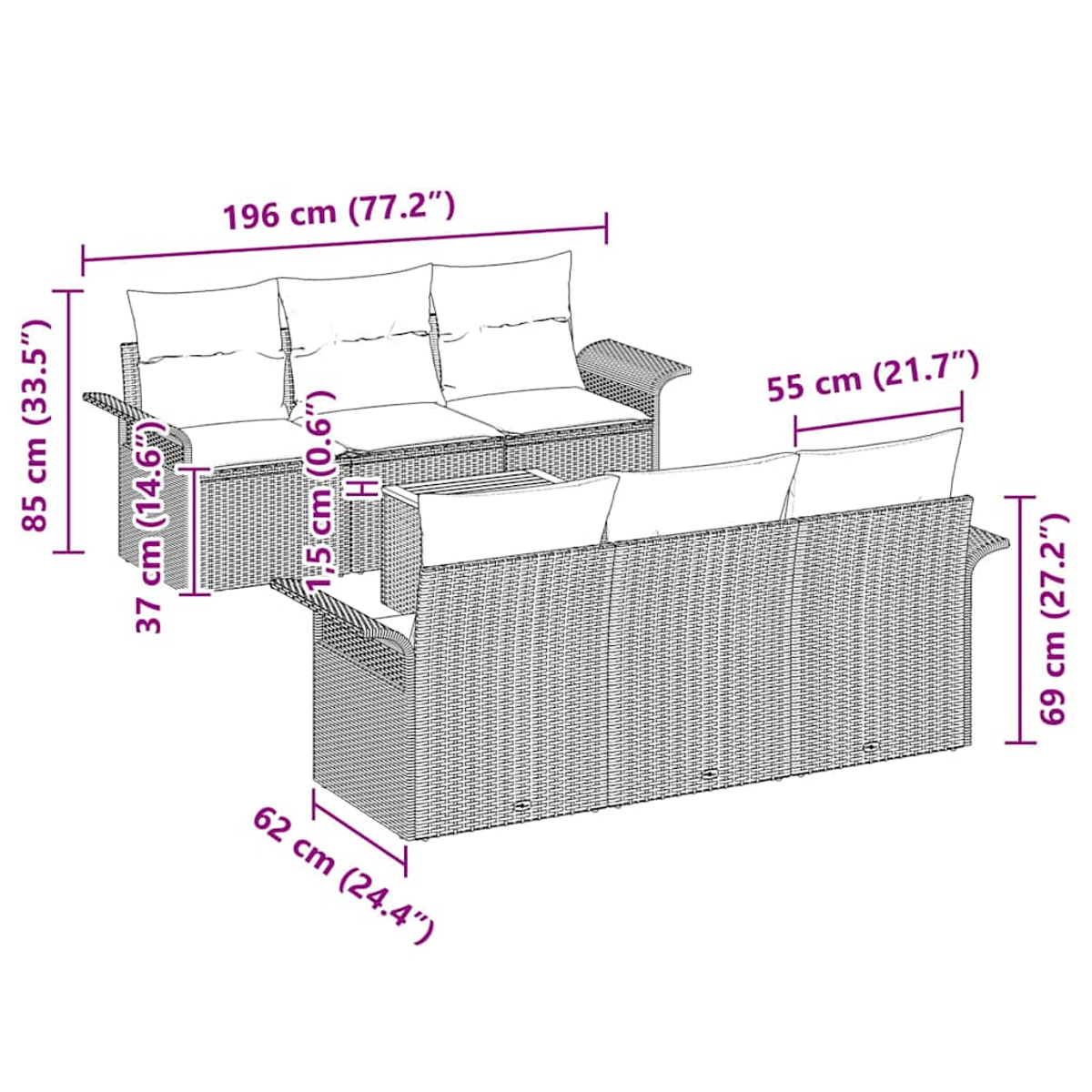 Zwei Korbmöbel-Sofas mit weißen Kissen. Abmessungen sind beschriftet. Der Hintergrund ist weiß.