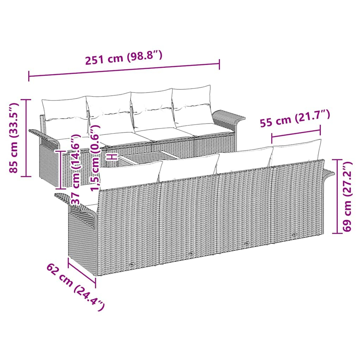 Zwei Korbmöbel-Sofas mit weißen Kissen. Abmessungen sind beschriftet. Der Hintergrund ist weiß.