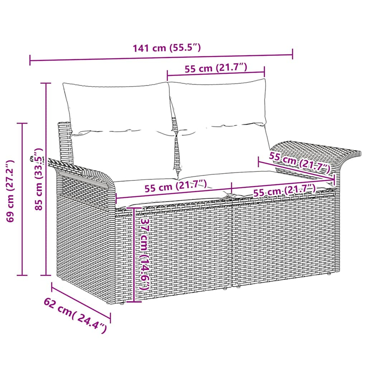Ein Korbmöbel-Sofa mit weißen Kissen. Abmessungen sind beschriftet. Der Hintergrund ist weiß.