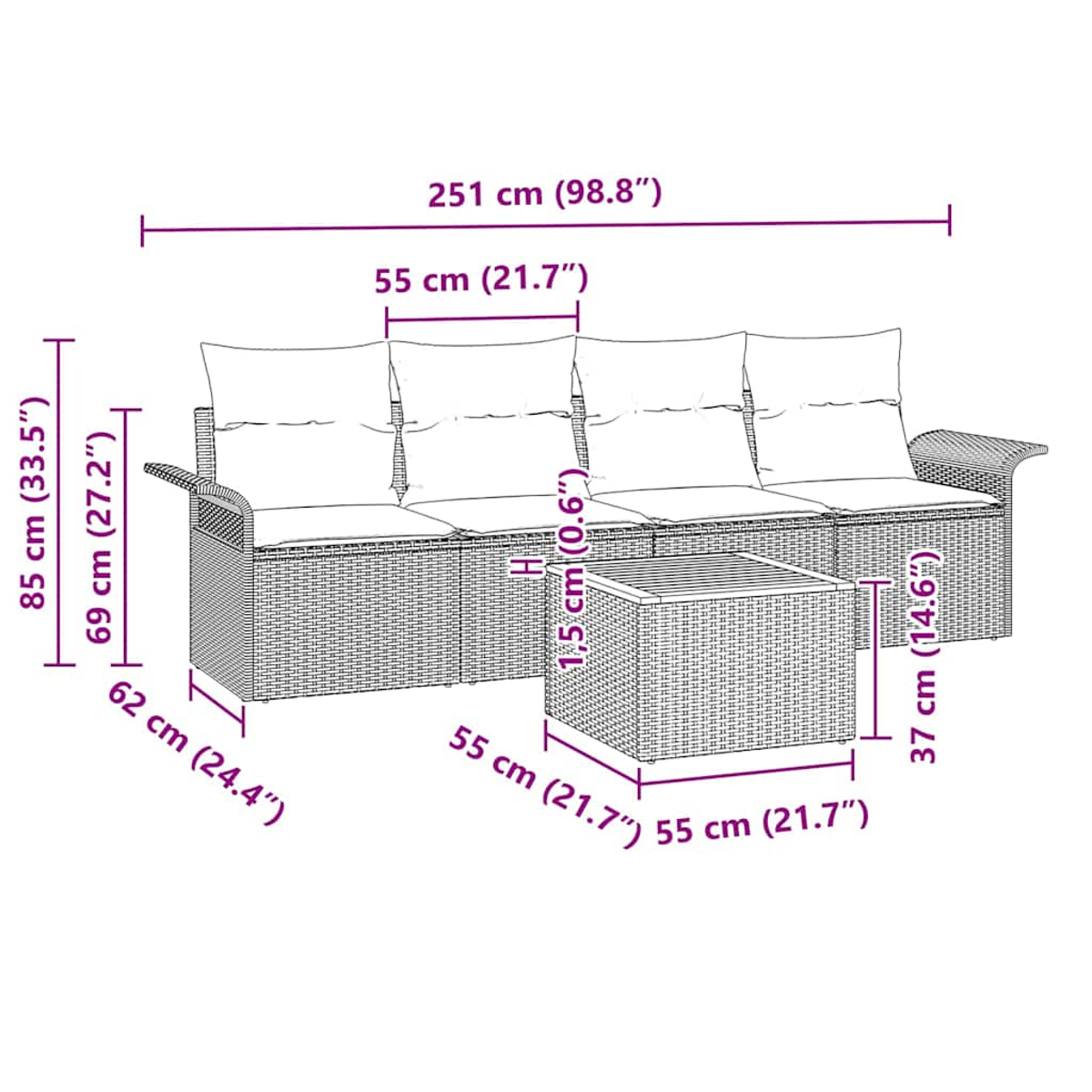 Diagramm eines Korbmöbelsofas und -tisches mit Abmessungen in Zentimetern und Zoll.