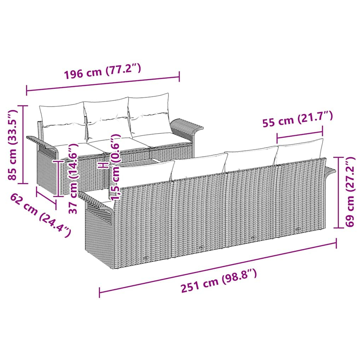 Zwei Korbmöbel-Sofas mit weißen Kissen. Abmessungen sind beschriftet. Der Hintergrund ist weiß.