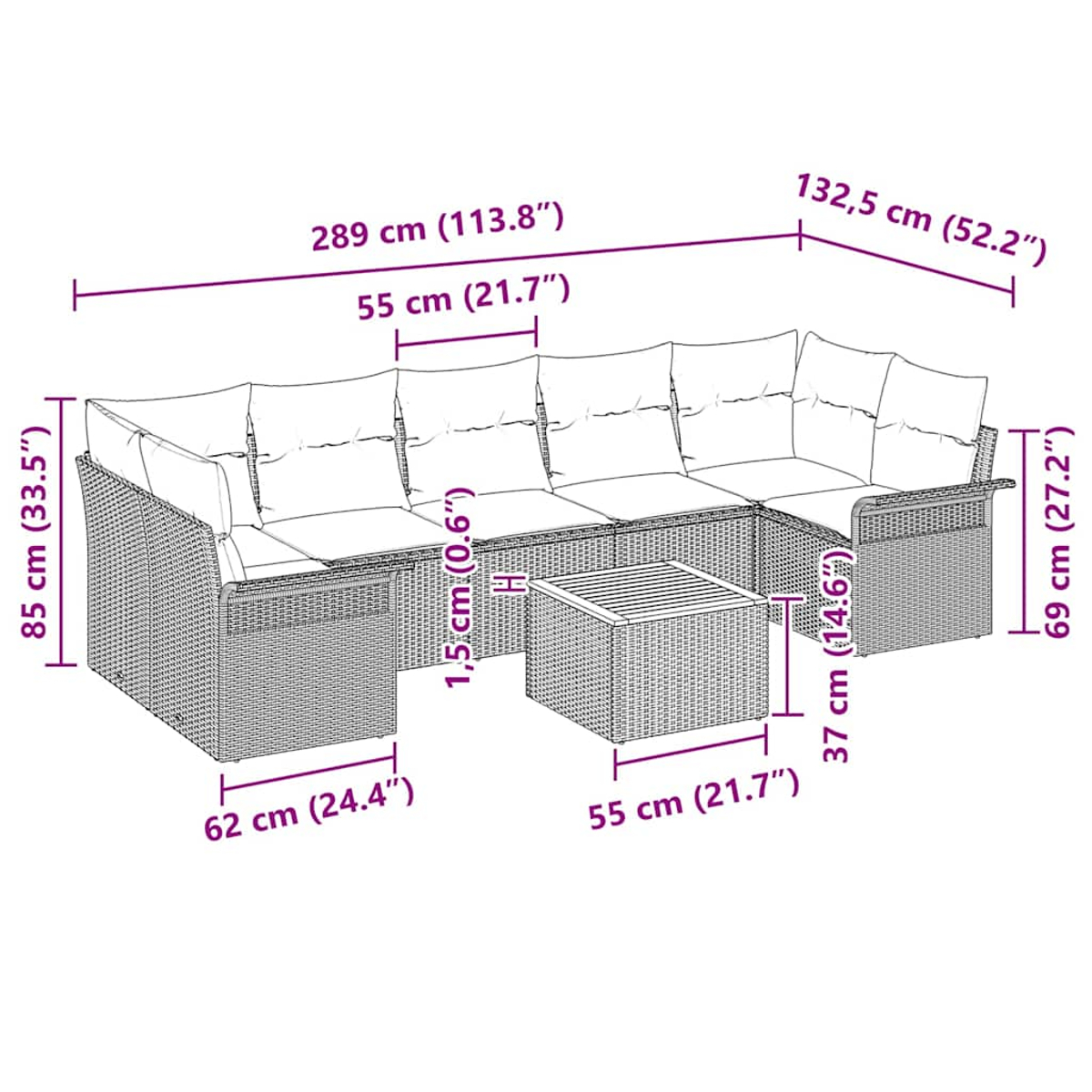 Ein Korbmöbel-Sofa mit weißen Kissen und einem Tisch. Abmessungen sind beschriftet. Der Hintergrund ist weiß.