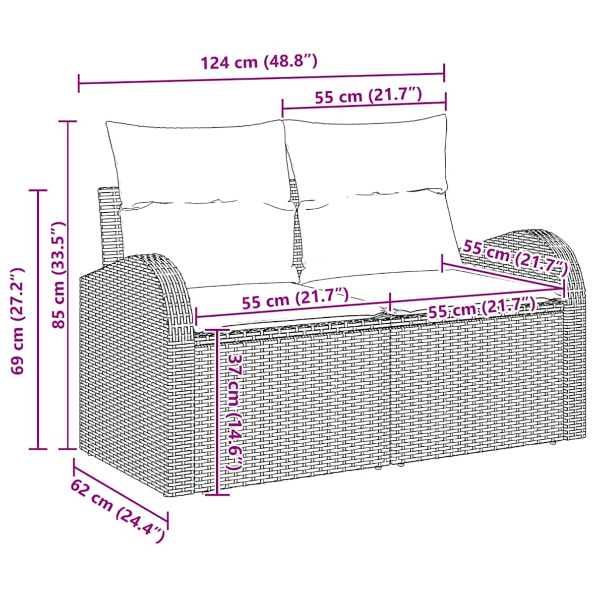 Diagramm eines Korbmöbel-Zweisitzers mit Abmessungen in Zentimetern und Zoll.